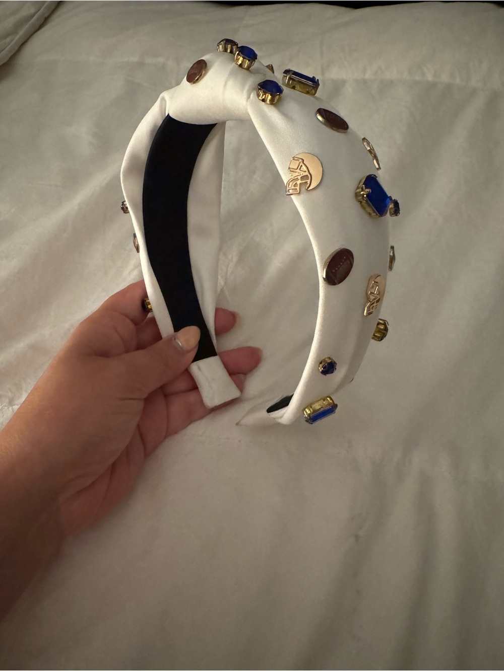 💙 Michelle McDowell White Headband with Football, Blue Gem and Gold Accents
